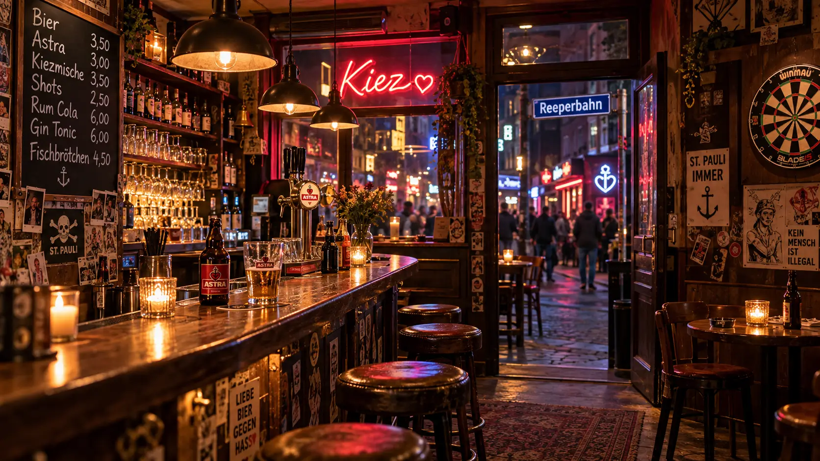Tresen einer Kiezbar auf der Reeperbahn mit Zapfanlage und Blick auf die Straße