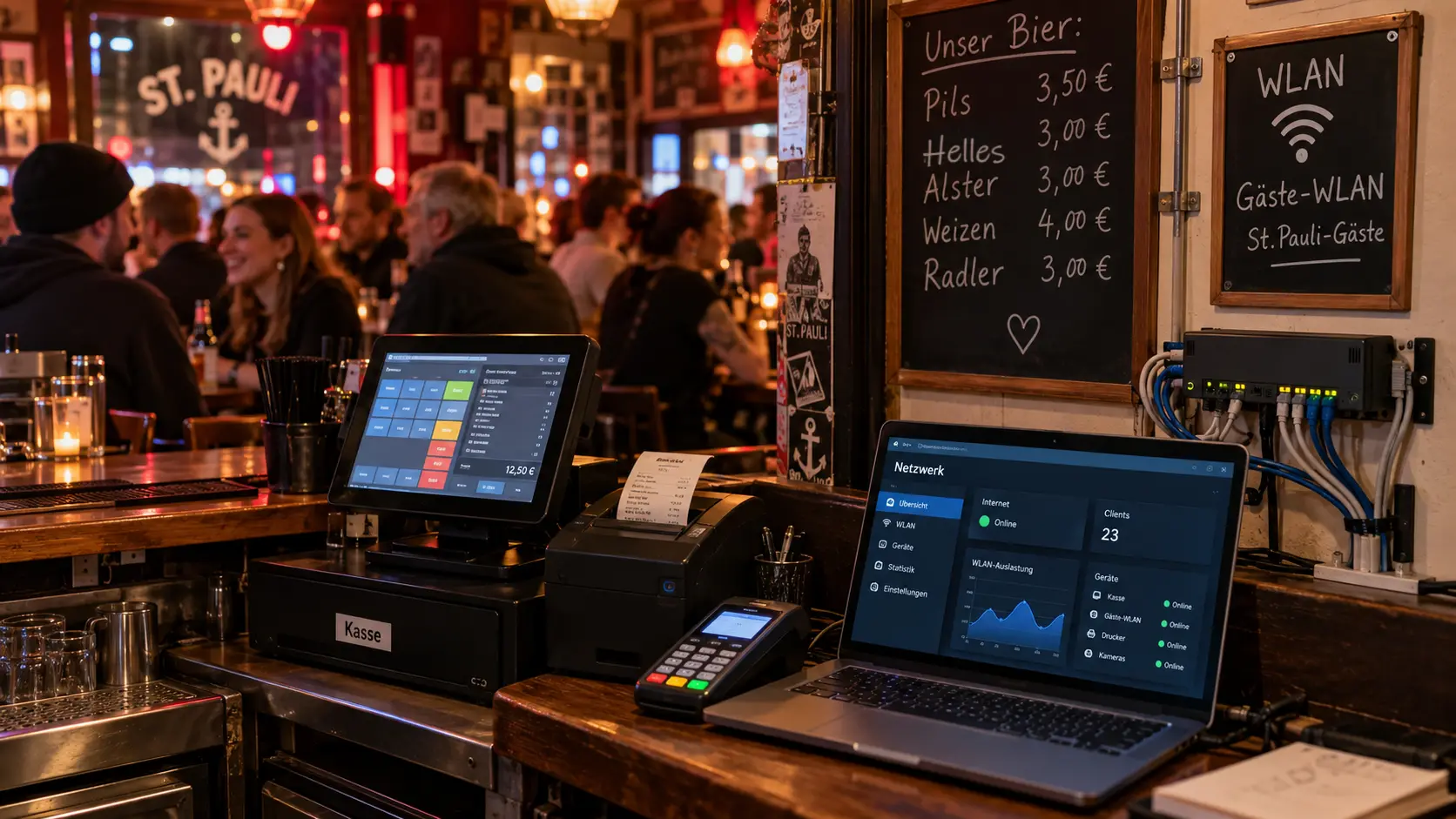 Kasse, Kartenterminal und Netzwerk-Switch an der Bar im laufenden Betrieb