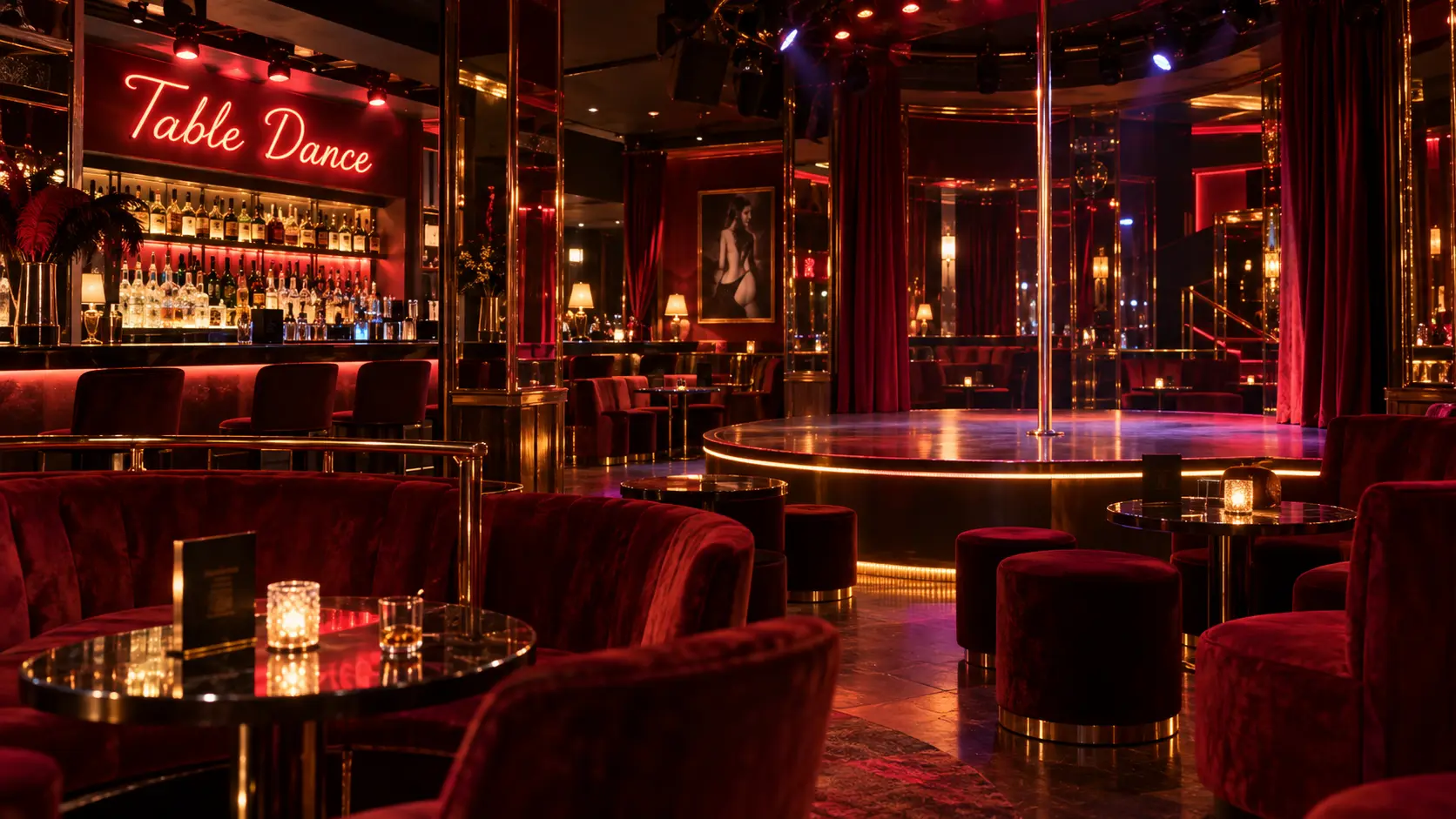 Loungebereich eines Entertainment-Clubs mit Bühne, Sitzrunden und warmem Licht